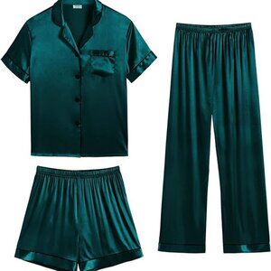 SWOMOG Womens Silk Satin Pajama Sets 3Pcs-Deep Green